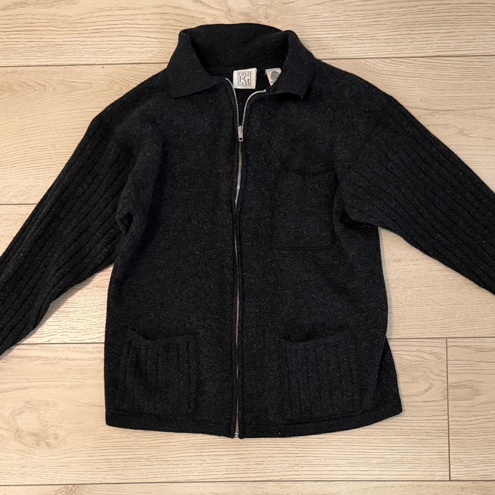 Vintage Fig Gear Dark Gray/Black Zip-Up Knit Cardigan
